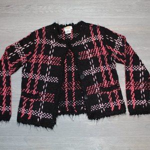 TALBOTS Petite Wool Blend Cardigan Plaid Sweater Black/Pink/Coral Size M